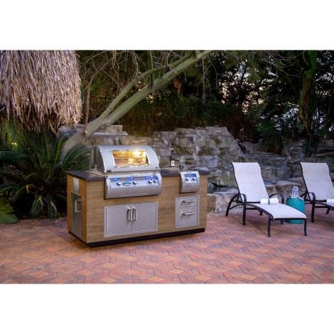 Fire Magic 77″ Reclaimed Wood Island System w/ Polished Black Lava Counter & Double Drawer Cutout