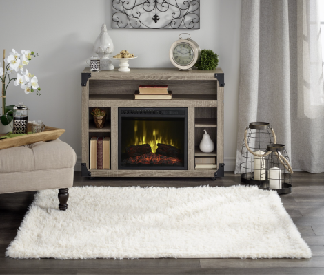 Dimplex Chelsea TV Stand Electric Fireplace - Featuring an 18" electric fireplace, a distressed oak finish, and dark metal accents 