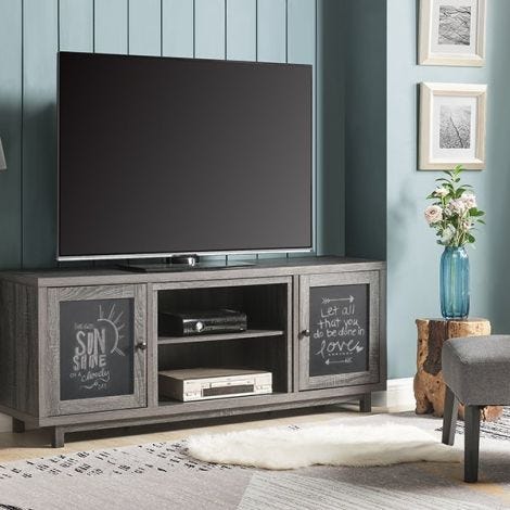 Dimplex Jesse Media Console TV Stand - block construction, grey Iron Mountain finish, and reversible door panels